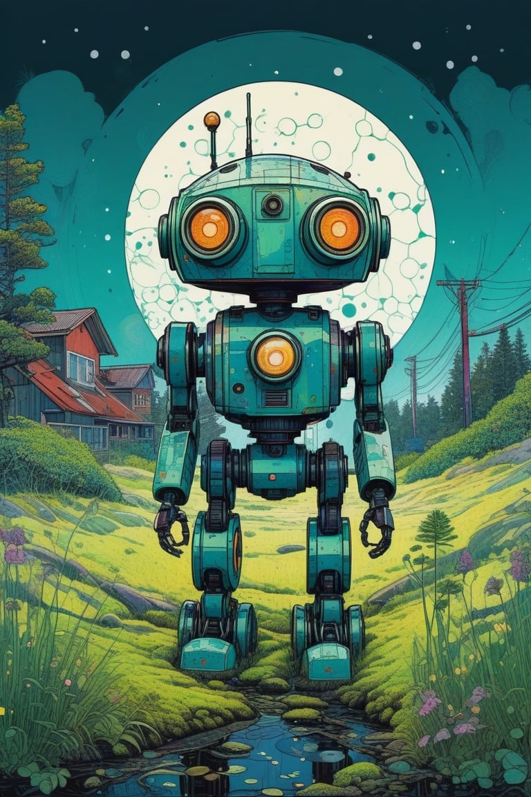 (by Hope Gangloff, Carl Larsson, (Simon Stålenhag:1.1):1.05), conceptual art, chibi cute small (vibrant:1.1) robot with moss, overgrown grass, moonlight, ink stains, ink splashes, city background, (sketched lines:1.2),(post-Impressionist, circular vector art:1.2), cyberpunk art,