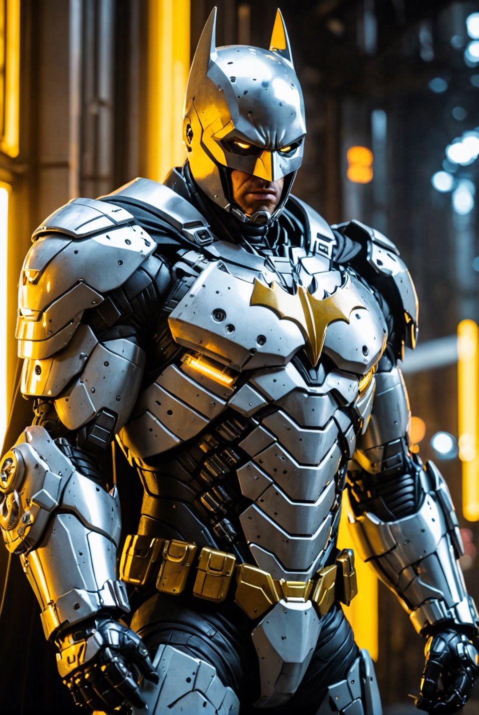 Angry Batman from DC Comics. mecha robo soldier character, anthropomorphic figure, wearing futuristic white soldier armor and weapons, reflection mapping, realistic figure, hyperdetailed, cinematic lighting photography, yellow lighting on suit, mecha, cyborg style,Movie Still,cyborg style