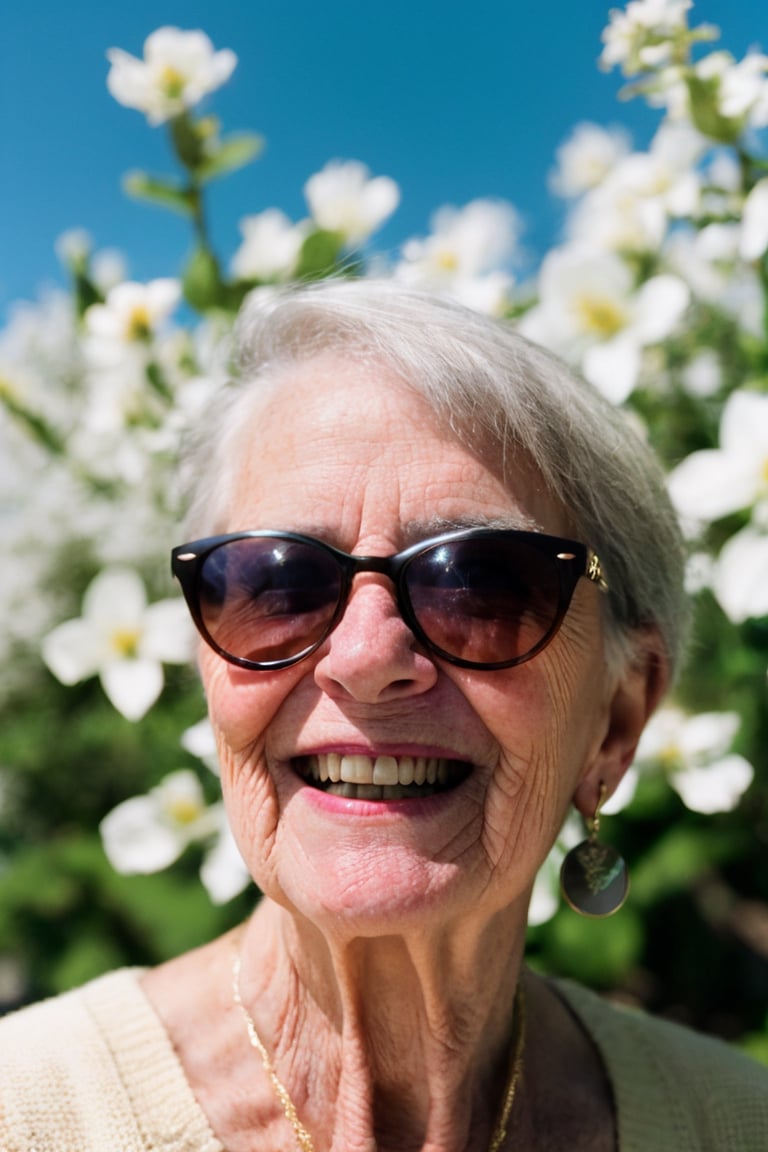 Smiling old hipster woman wearing sunglasses and standing in blooming botanical garden in spring, (sharp focus:1.2), extremely detailed, (photorealistic:1.4), (RAW image, 8k high resolution:1.2), RAW candid cinema, 16mm, color graded Portra 400 film, ultra realistic, subsurface scattering, ray tracing, (volumetric lighting)