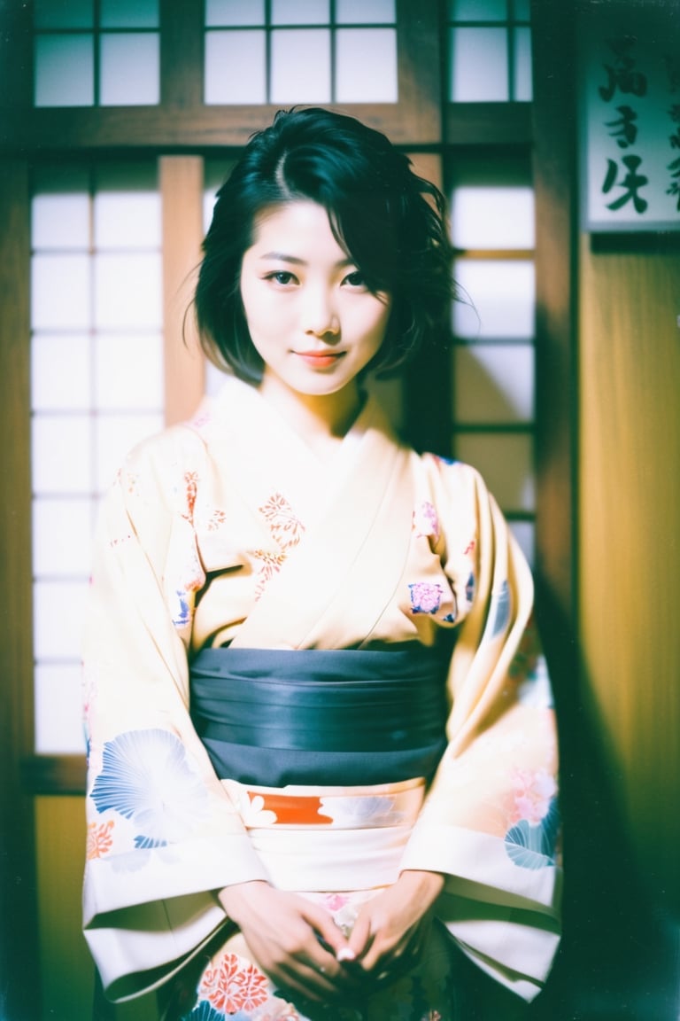 xxmix_girl, portrait of a japanese girl, polaroid,film, graininess, smile, kimono