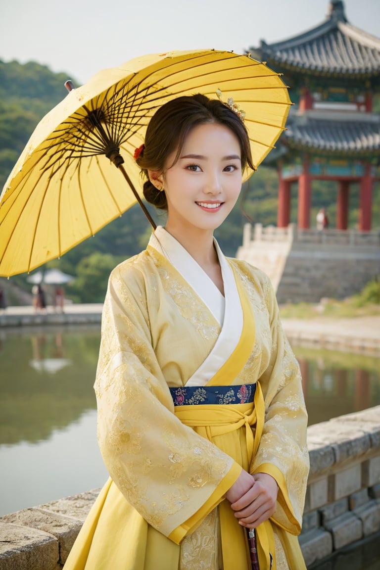 (1 23yo Korean star with royal sister style), ((best quality, 8k, masterpiece: 1.3)), focus: 1.2, perfect body beauty: 1.4, (smile: 1.2), (old palace in korea: 1.5), highly detailed face and skin texture, delicate eyes, dust, full body shot, Distant view,
23-year-old Korean beauty walking by the lakeside with yellow umbrella