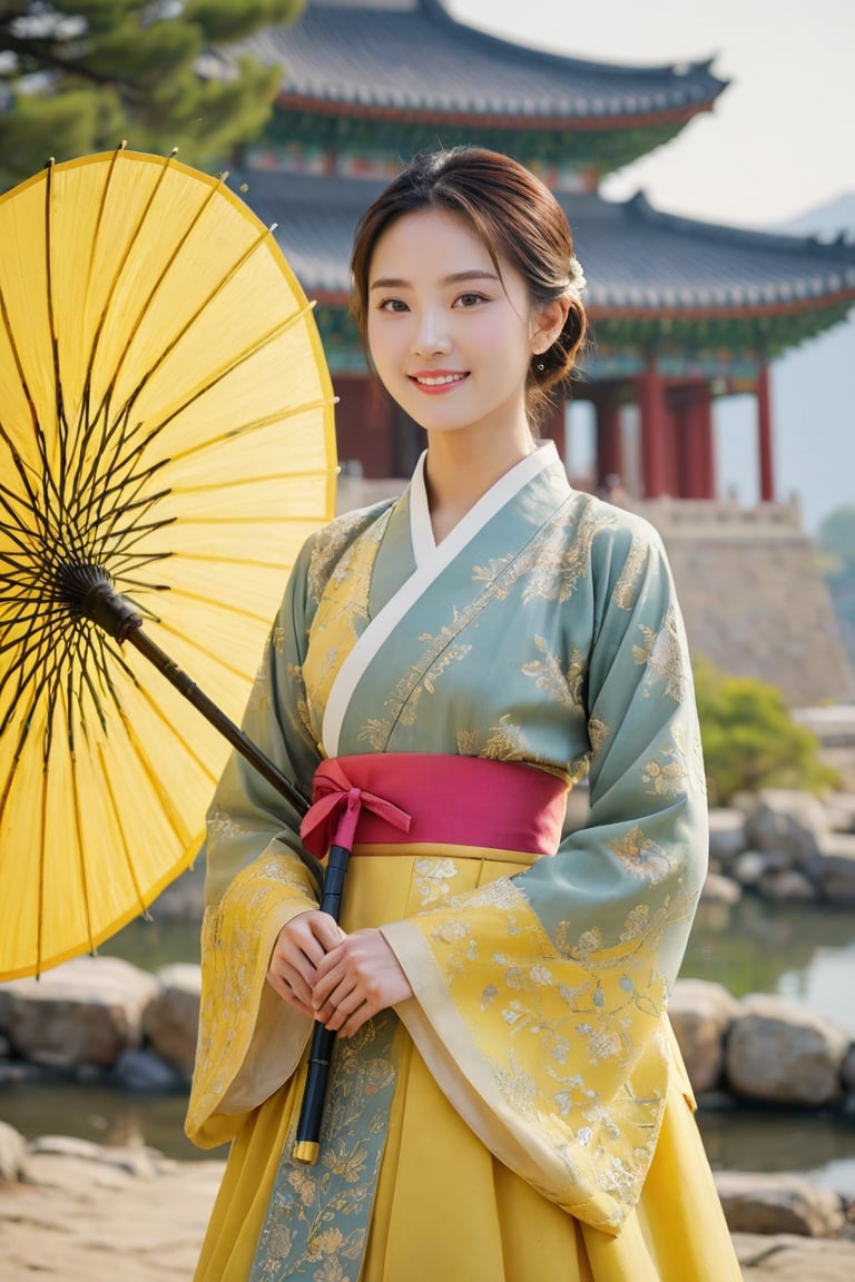 (1 23yo Korean star with royal sister style), ((best quality, 8k, masterpiece: 1.3)), focus: 1.2, perfect body beauty: 1.4, (smile: 1.2), (old palace in korea: 1.5), highly detailed face and skin texture, delicate eyes, dust, full body shot, Distant view,
23-year-old Korean beauty walking by the lakeside with yellow umbrella