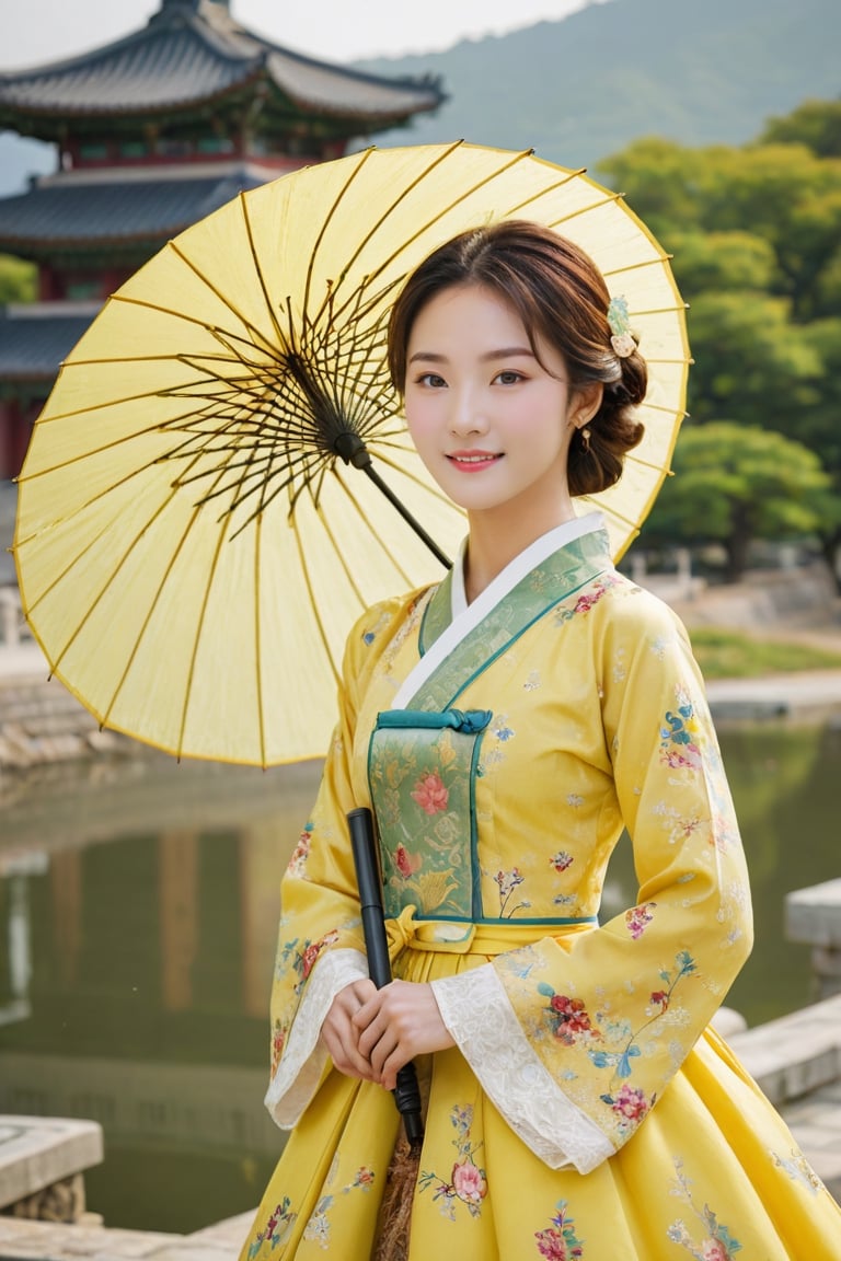 (1 23yo Korean star with royal sister style), ((best quality, 8k, masterpiece: 1.3)), focus: 1.2, perfect body beauty: 1.4, (smile: 1.2), (old palace in korea: 1.5), highly detailed face and skin texture, delicate eyes, dust, full body shot, Distant view,
23-year-old Korean beauty walking by the lakeside with yellow umbrella