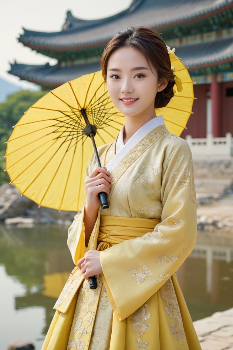 (1 23yo Korean star with royal sister style), ((best quality, 8k, masterpiece: 1.3)), focus: 1.2, perfect body beauty: 1.4, (smile: 1.2), (old palace in korea: 1.5), highly detailed face and skin texture, delicate eyes, dust, full body shot, Distant view,
23-year-old Korean beauty walking by the lakeside with yellow umbrella