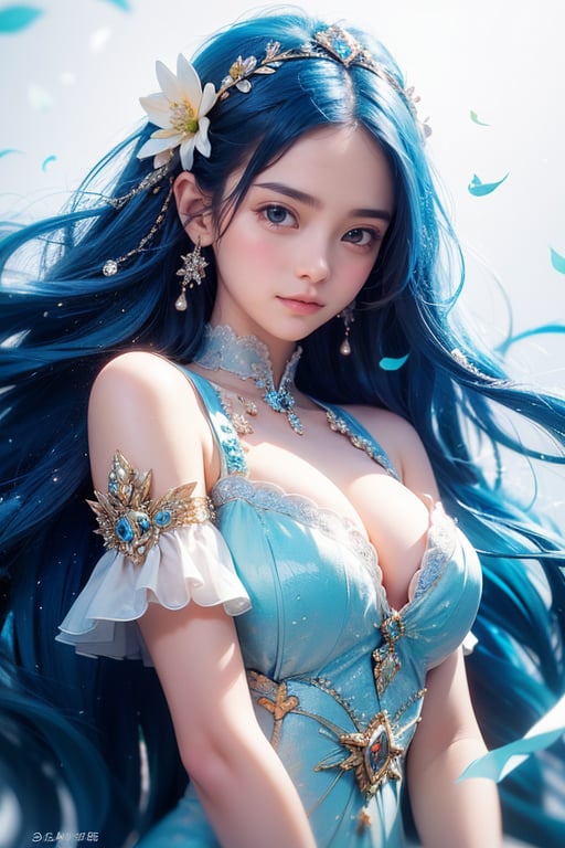 1girl, most beautiful korean girl, Korean beauty model, stunningly beautiful girl, gorgeous girl, 20yo, over sized eyes, big eyes, smiling, looking at viewer, logo, flower cicle, High resolution, 16K, minimal and modern design, happiness, Harmonic Shapes, long blue hair, blue eyes, Circle, masterpiece, hanfuandflower, Transparent Glass Flowers,Beauty