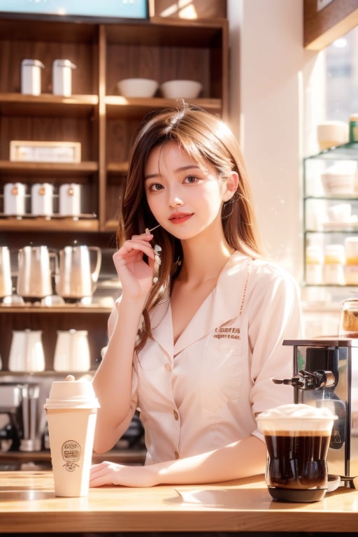 A Japanese girl in a coffee waitress costume smiles and hands a cup of fragrant coffee to a customer in a colorful coffee shop (1.3) (cafe environment interior design, coffee machine, coffee cups, shelves, coffee shop: 1.2). Looking at a store window while waiting for a friend (realistic: 1.2), (best quality: 1.3), photo-realistic, highly detailed, high resolution RAW photo, film grain, coffeeyadream, sntm, slingshot, fashion, sexy, real hand,realhands