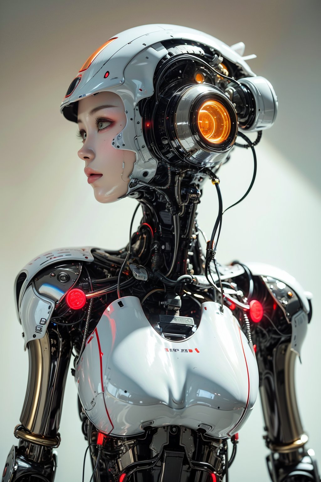 Create a striking image of a cyborg girl with a futuristic, high-tech design. The cyborg should have a sleek, streamlined appearance with visible mechanical components, such as glowing circuitry, robotic limbs, and a partially transparent chest panel revealing intricate internal machinery. Her face should have a mix of human features and robotic elements, with a sophisticated visor or eye implant that glows softly. She should be posed in a dynamic, powerful stance, conveying both strength and elegance. The background can be a blend of futuristic urban environment and technological elements, with neon lights or digital displays to enhance the sci-fi feel. The overall image should emphasize the fusion of human and machine, highlighting both the advanced technology and the character's unique presence.