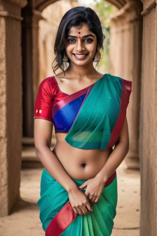 girl in horny smiling in green sari