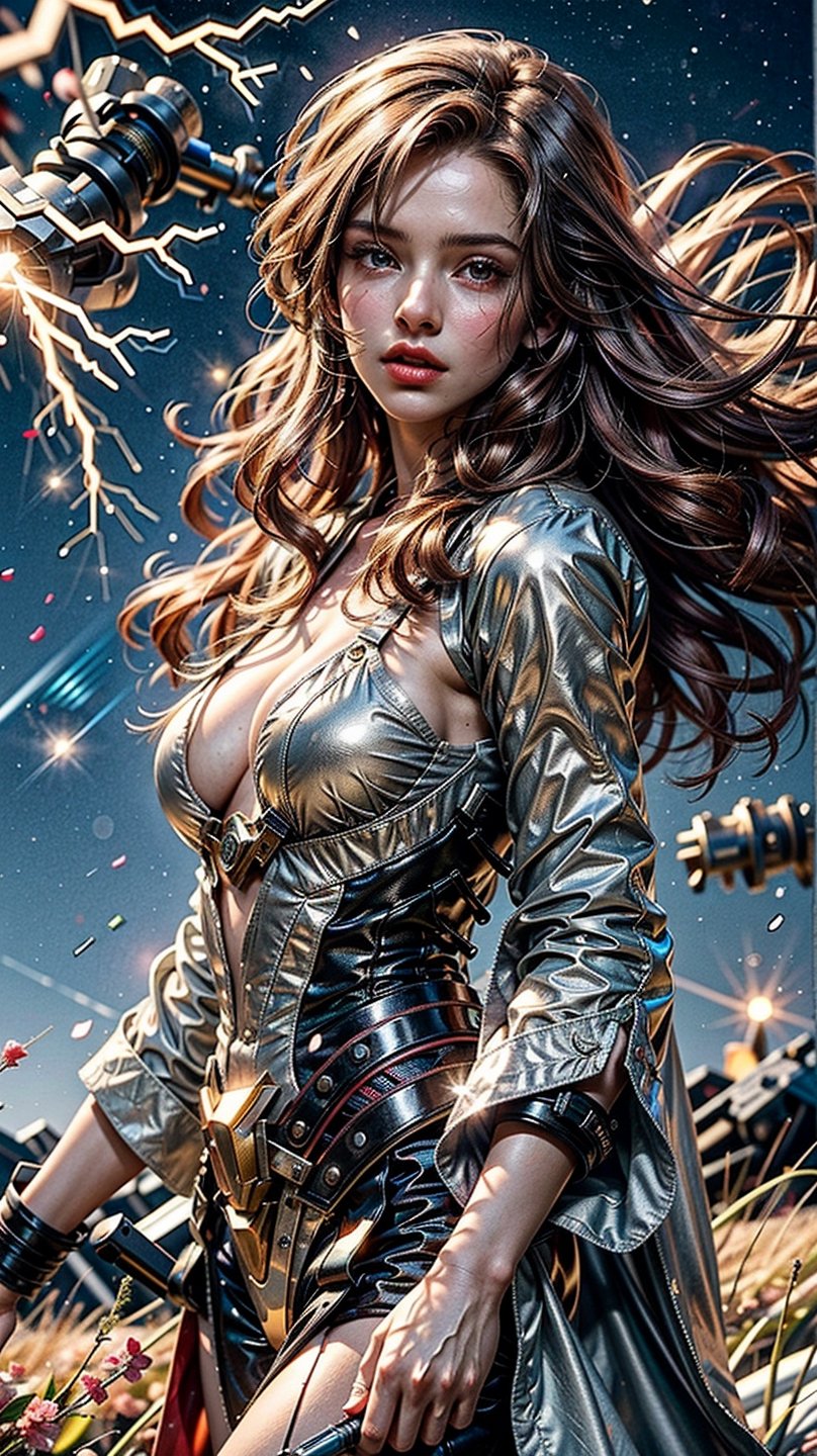 (4k), (masterpiece), (best quality),(extremely intricate), (realistic), (sharp focus), (award winning), (cinematic lighting), (extremely detailed), 

A young sorceress with long red hair, standing in a field of tall grass. She is wearing a flowing white robe with silver lightning bolts embroidered on it. Her staff is in her hand, and it is crackling with electricity. She is surrounded by a swirling vortex of lightning energy.