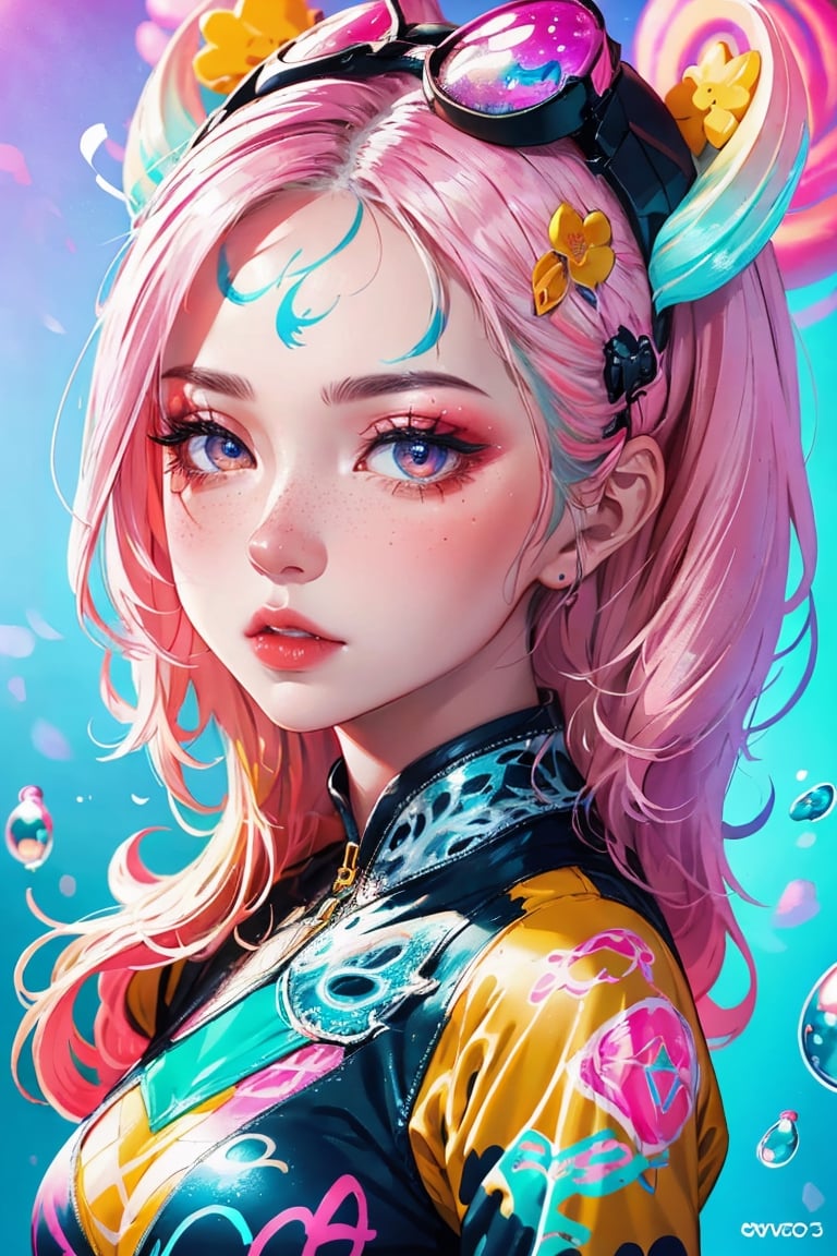 beautiful kawaii naughty girl, hyper detailed, cotton candy curly hair, candy freckles, bright makeup, holographic transparent candy dress, close-up portrait, highly detailed illustration, candyland character design, surrounded by swirls of ice cream and cream butter Pale pastel colors, bubblegum bubbles, gradient background. the candy girl,3D MODEL,Worldwide trending artwork