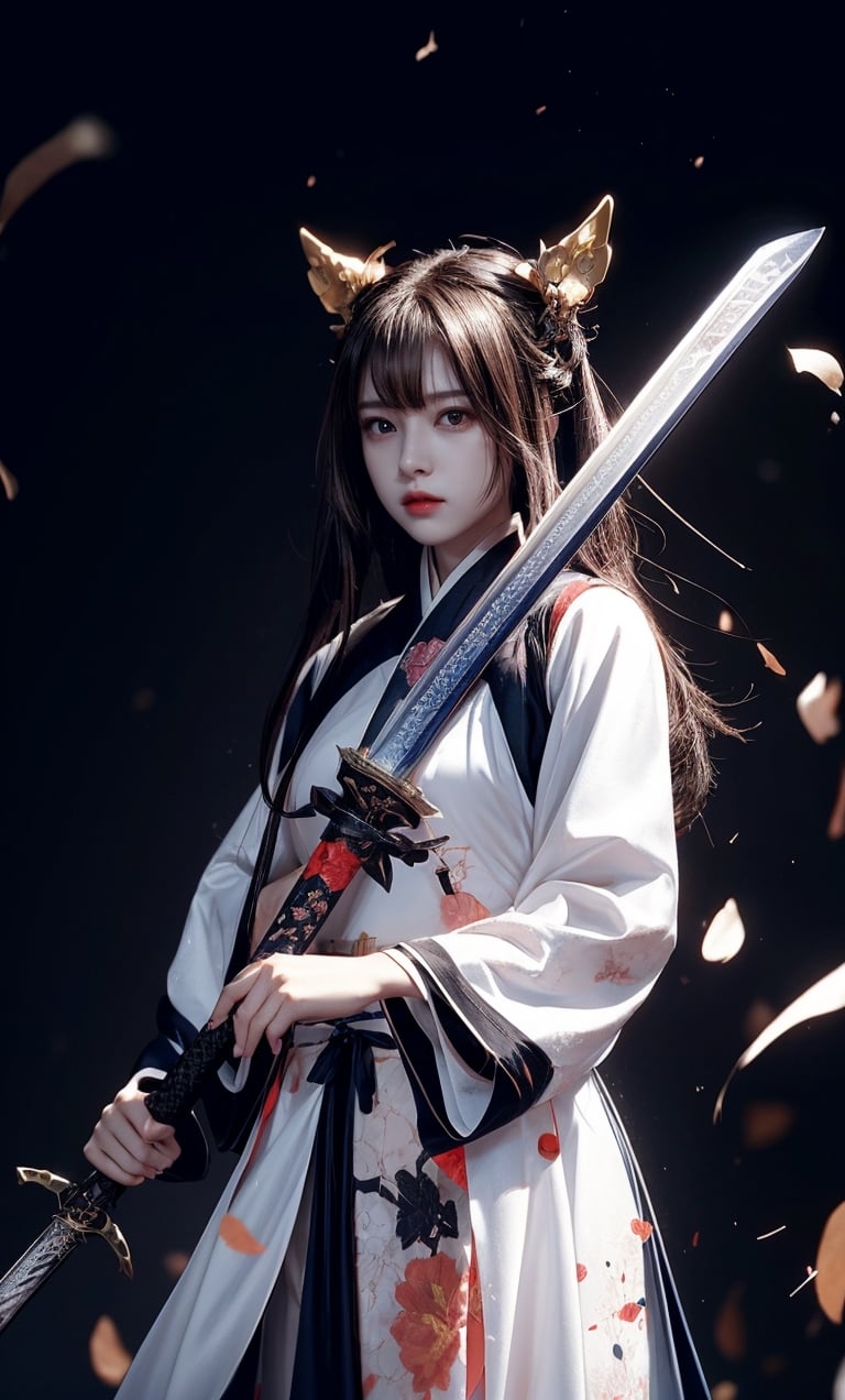 muelsyse (arknights),1girl, solo,hanfu,chinese clothes,splatter background, holding sword, best quality, amazing quality, very aesthetic, absurdres