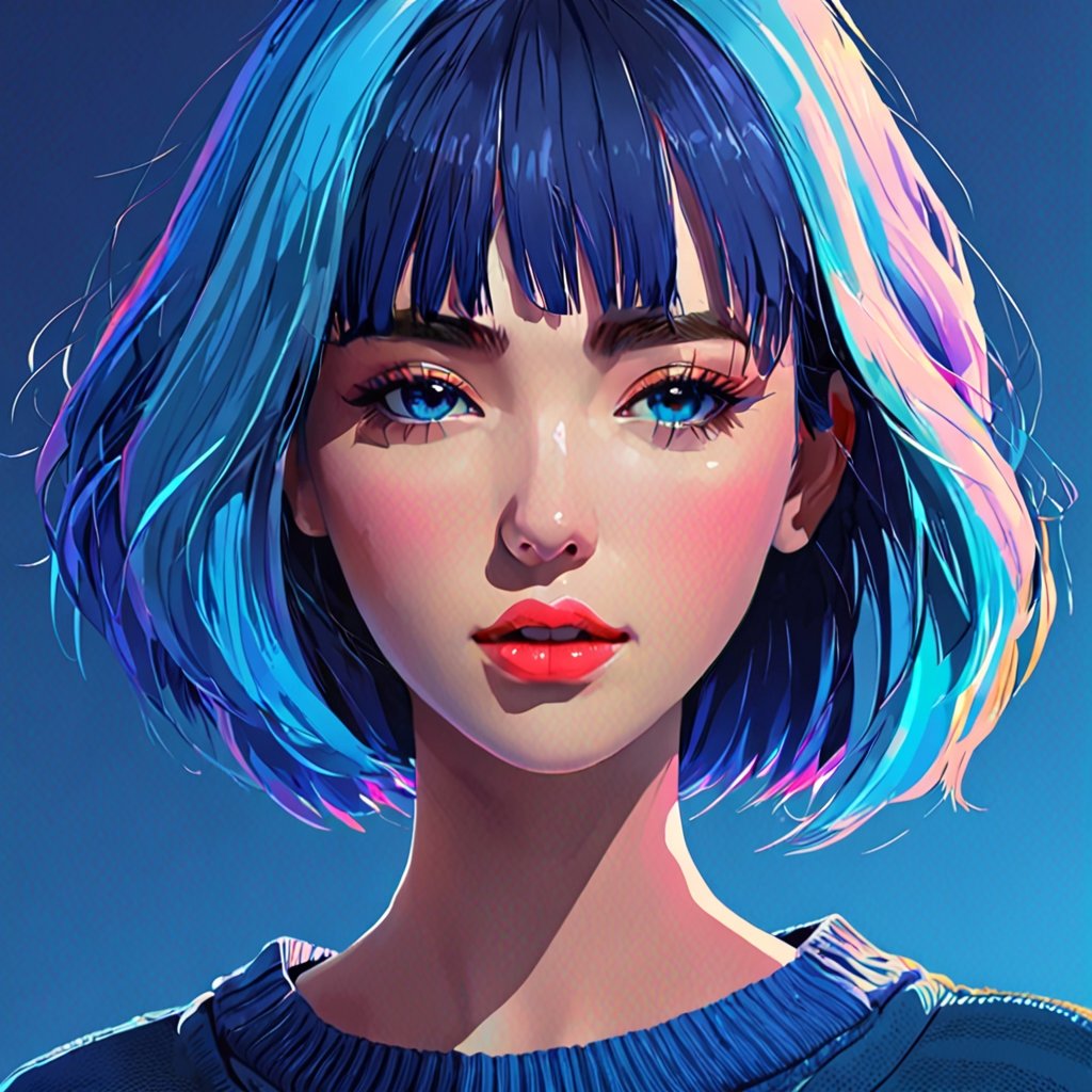 shadow flat vector art, illustrator, anime , realistic ,sketch , 1girl, ,lip, Sweater,order, Blue gradient background, Neon hair,Textured crop,xxmix_girl