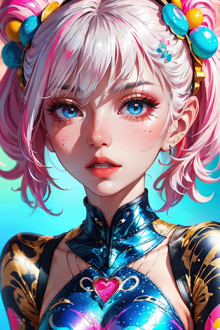 beautiful kawaii naughty girl, hyper detailed, cotton candy curly hair, candy freckles, bright makeup, holographic transparent candy dress, close-up portrait, highly detailed illustration, candyland character design, surrounded by swirls of ice cream and cream butter Pale pastel colors, bubblegum bubbles, gradient background. the candy girl,3D MODEL,Worldwide trending artwork