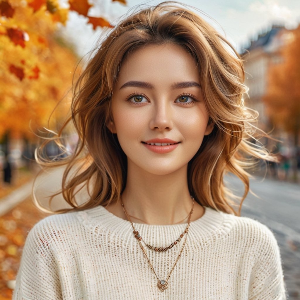 (masterpiece, Best Quality, photorealistic, ultra-detailed, finely detailed, high resolution, 8K wallpaper), 1 beautiful woman, in fashionable white sweater, light-brown messy hair, pierces, necklace, perfect dynamic composition, beautiful detailed eyes, smiling happily, traveling in autumn, upper-body portrait, sharp-focus, looking back,xxmix_girl,beautymix,FilmGirl