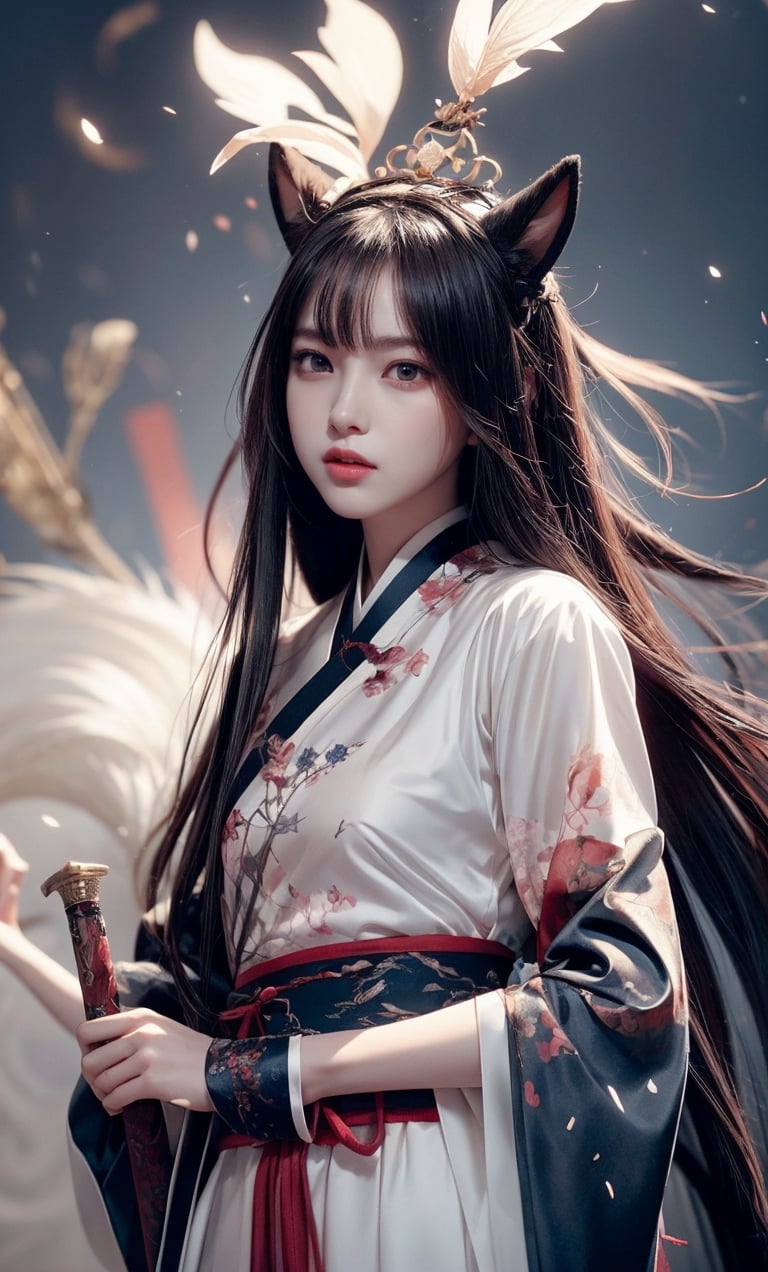 muelsyse (arknights),1girl, solo,hanfu,chinese clothes,splatter background, holding sword, best quality, amazing quality, very aesthetic, absurdres