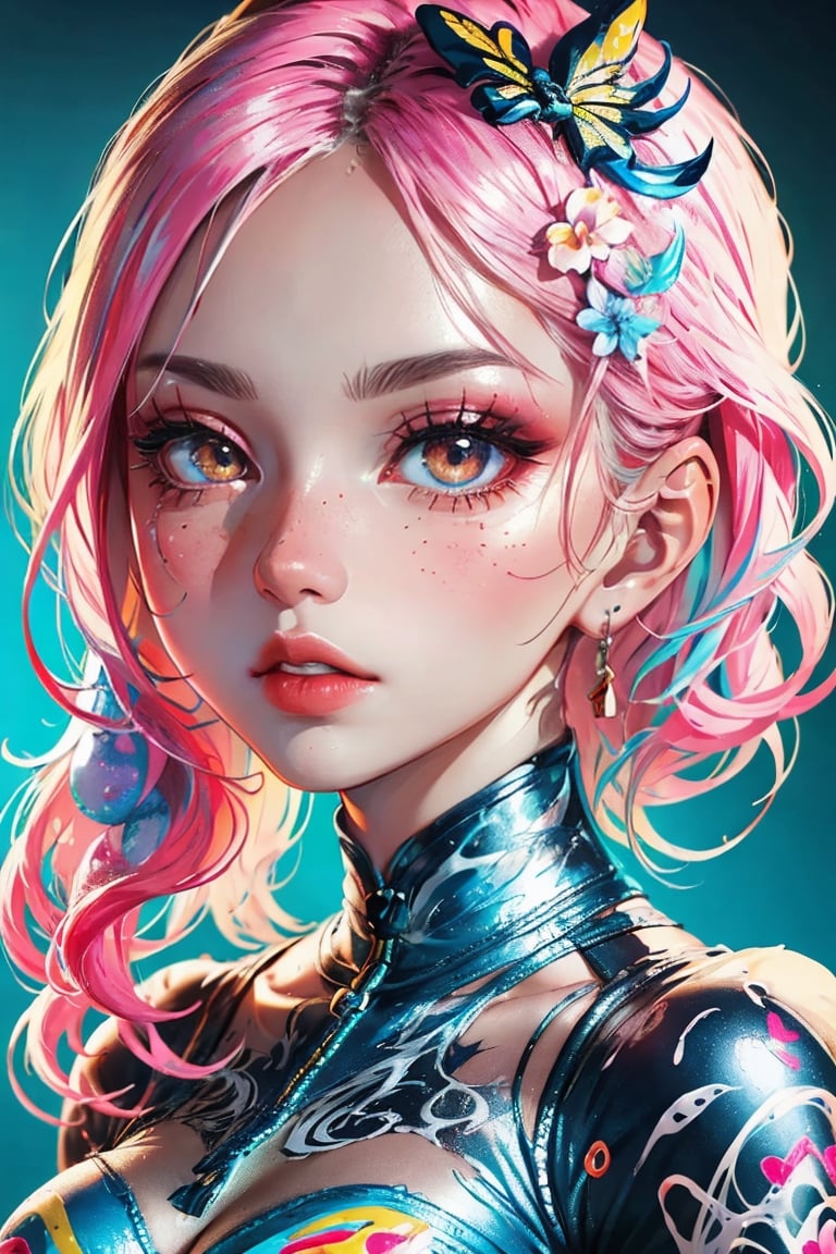 beautiful kawaii naughty girl, hyper detailed, cotton candy curly hair, candy freckles, bright makeup, holographic transparent candy dress, close-up portrait, highly detailed illustration, candyland character design, surrounded by swirls of ice cream and cream butter Pale pastel colors, bubblegum bubbles, gradient background. the candy girl,3D MODEL,Worldwide trending artwork