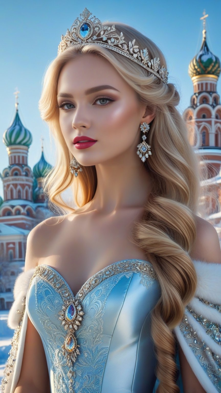 best quality, masterpiece,	
Amidst the winter wonderland of Russia, a beautiful girl with very long wavy blonde hair stands out against the snow-covered landscape, embodying the elegance of Rococo style. Her attire, a harmonious blend of the latest fashion trends and traditional Russian elements, dazzles with ornate jewelry that sparkles like the icy terrain around her. This enchanting scene, set against the backdrop of a quintessential Russian setting, showcases her as a modern-day princess, bridging the gap between the opulence of the past and the chic style of the present.
ultra realistic illustration, siena natural ratio, ultra hd, realistic, vivid colors, highly detailed, UHD drawing, perfect composition, ultra hd, 8k, he has an inner glow, stunning, something that even doesn't exist, mythical being, energy, molecular, textures, iridescent and luminescent scales, breathtaking beauty, pure perfection, divine presence, unforgettable, impressive, breathtaking beauty, Volumetric light, auras, rays, vivid colors reflects.