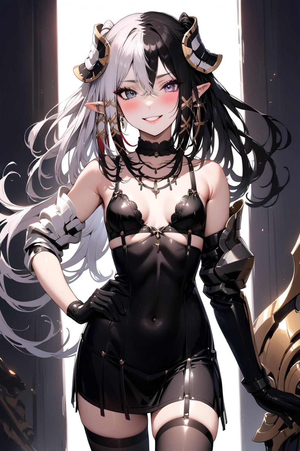 1 girl, alone, Antilene_Heran_Fouche \(overlord\), 1girl, elf, long ears, black eyes, gray eyes, heterochromia, two-tone hair, hair between eyes, bangs, small breasts, shiny hair, eyelashes, makeup, lipstick , lips, black lingerie, bra, thigh-high stockings, elbow-length gloves, choker, earrings, big smile, very happy, incredibly happy, very blushing, blushing face, masterful work of art, incredibly detailed, top quality, beautiful, standing, with hands on hips.