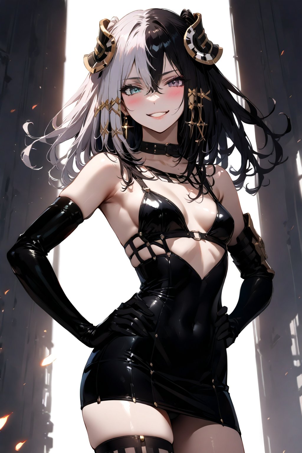 1 girl, alone, Antilene_Heran_Fouche \(overlord\), 1girl, elf, long ears, black eyes, gray eyes, heterochromia, two-tone hair, hair between eyes, exposed abdomen, bangs, small breasts, shiny hair, eyelashes, makeup, lipstick , lips, black bra, black thigh-high stockings, elbow-length gloves, choker, earrings, big smile, very happy, incredibly happy, very blushing, blushing face, masterful work of art, incredibly detailed, top quality, beautiful, standing, with hands on hips.,mirham