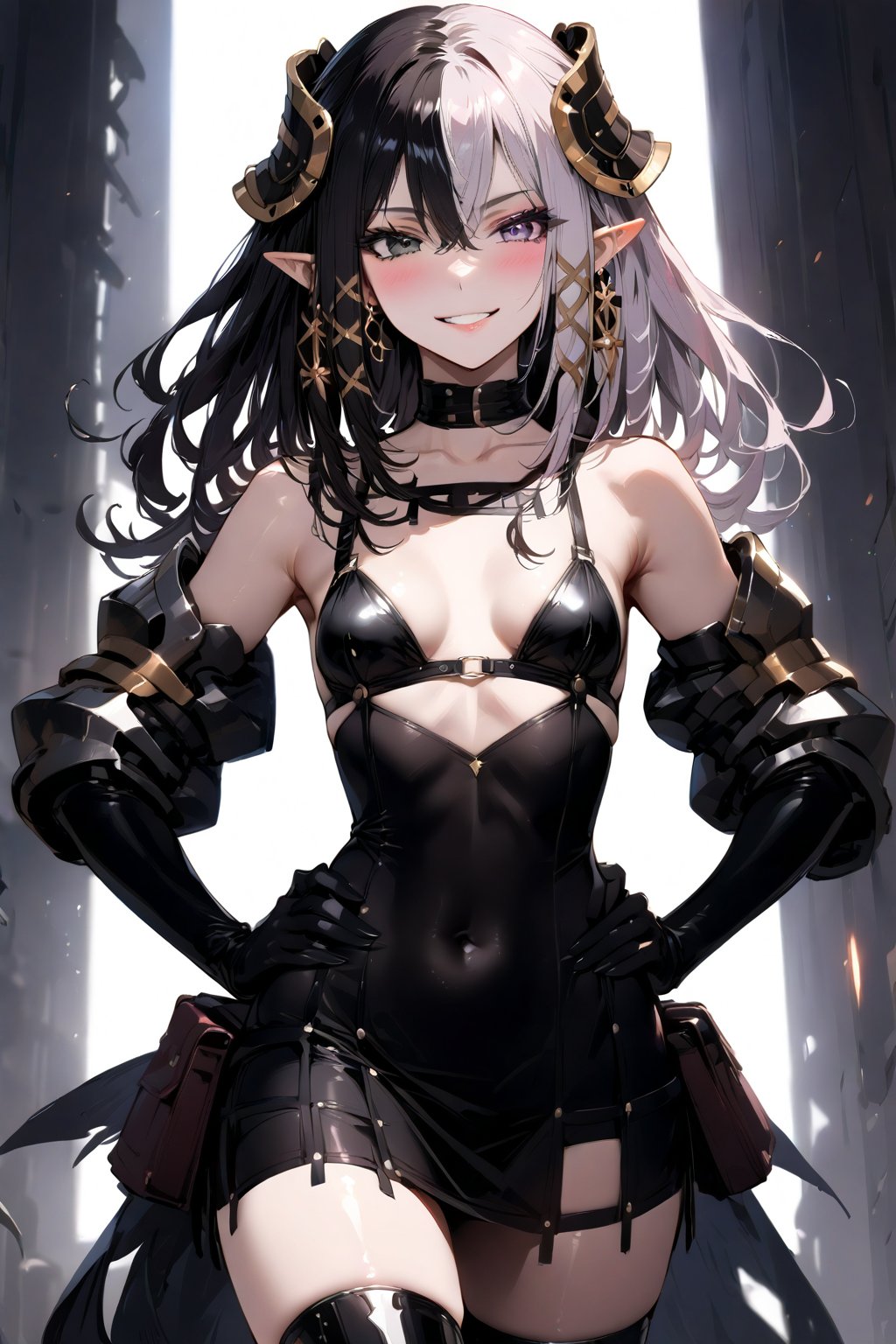 1 girl, alone, Antilene_Heran_Fouche \(overlord\), 1girl, elf, long ears, black eyes, gray eyes, heterochromia, two-tone hair, hair between eyes, exposed abdomen, bangs, small breasts, shiny hair, eyelashes, makeup, lipstick , lips, black bra, black thigh-high stockings, elbow-length gloves, choker, earrings, big smile, very happy, incredibly happy, very blushing, blushing face, masterful work of art, incredibly detailed, top quality, beautiful, standing, with hands on hips.,mirham