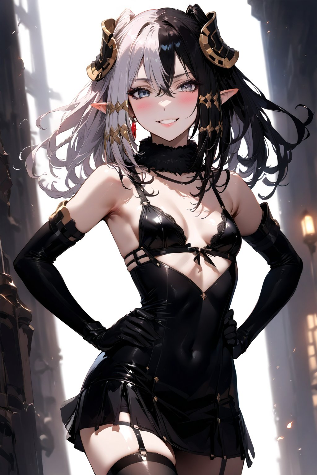 1 girl, alone, Antilene_Heran_Fouche \(overlord\), 1girl, elf, long ears, black eyes, gray eyes, heterochromia, two-tone hair, hair between eyes, bangs, small breasts, shiny hair, eyelashes, makeup, lipstick , lips, black lingerie, bra, thigh-high stockings, elbow-length gloves, choker, earrings, big smile, very happy, incredibly happy, very blushing, blushing face, masterful work of art, incredibly detailed, top quality, beautiful, standing, with hands on hips.