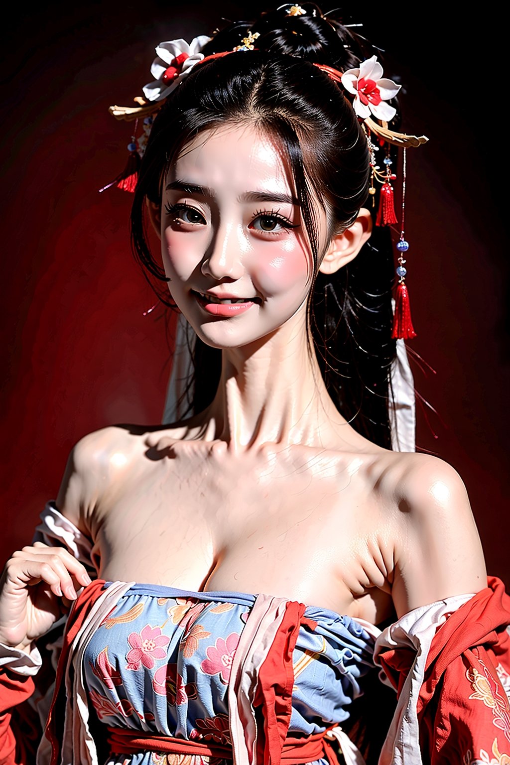 A beautiful Chinese girl with a real Asian yellow skin color. There are a few small spots or small moles or small warts scattered on the skin of the body. The chest is very concentrated and firm. She has light makeup on her face, smiles, and has bright eyes. , eyes looking into the camera, random hairstyles and hair accessories, random photo poses, random face shapes, random clothing colors, random background matching, real photo quality, depth of field, clear background, backlight, 32K resolution