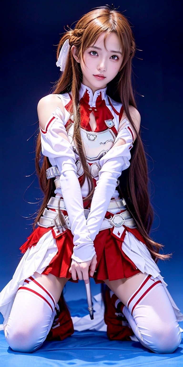 A full body photo of beautiful yuuki asuna wearing white & red colour's guild armor suit with a realistic Asian's skin colour. There are a few small spots or small moles or small warts scattered on the skin of the body. The big chest is very concentrated and firm. She has light makeup on her face, smiles, and has bright eyes. Nice hands, perfect hands, perfect fingers, eyes looking into the camera, random hairstyles and hair accessories, random photo poses, random face shapes, random clothing colours, random background matching, real photo quality, depth of field, clear background, backlight, 32K resolution, leg open and lift high up style at open area battle field, battle pose with stab sword.