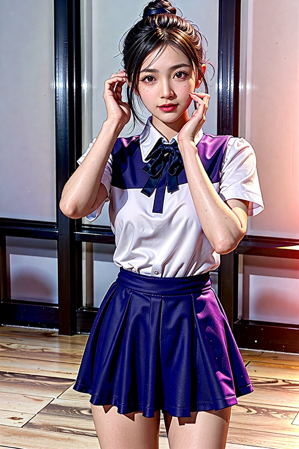 A full body photo of beautiful Chinese girl wearing school uniform with a realistic Asian yellow skin color. There are a few small spots or small moles or small warts scattered on the skin of the body. The big chest is very concentrated and firm. She has light makeup on her face, smiles, and has bright eyes. Nice hands, perfect hands, perfact fingers, eyes looking into the camera, random hairstyles and hair accessories, random photo poses, random face shapes, random clothing colors, random background matching, real photo quality, depth of field, clear background, backlight, 32K resolution,