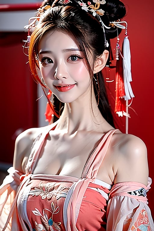 A beautiful Chinese girl with a real Asian yellow skin color. There are a few small spots or small moles or small warts scattered on the skin of the body. The chest is very concentrated and firm. She has light makeup on her face, smiles, and has bright eyes. , eyes looking into the camera, random hairstyles and hair accessories, random photo poses, random face shapes, random clothing colors, random background matching, real photo quality, depth of field, clear background, backlight, 32K resolution