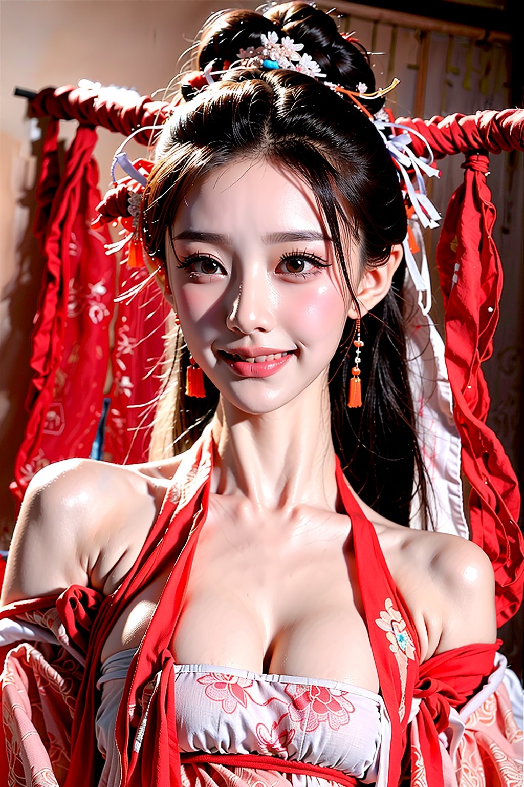 A beautiful Chinese girl with a real Asian yellow skin color. There are a few small spots or small moles or small warts scattered on the skin of the body. The big chest is very concentrated and firm. She has light makeup on her face, smiles, and has bright eyes. , eyes looking into the camera, random hairstyles and hair accessories, random photo poses, random face shapes, random clothing colors, random background matching, real photo quality, depth of field, clear background, backlight, 32K resolution