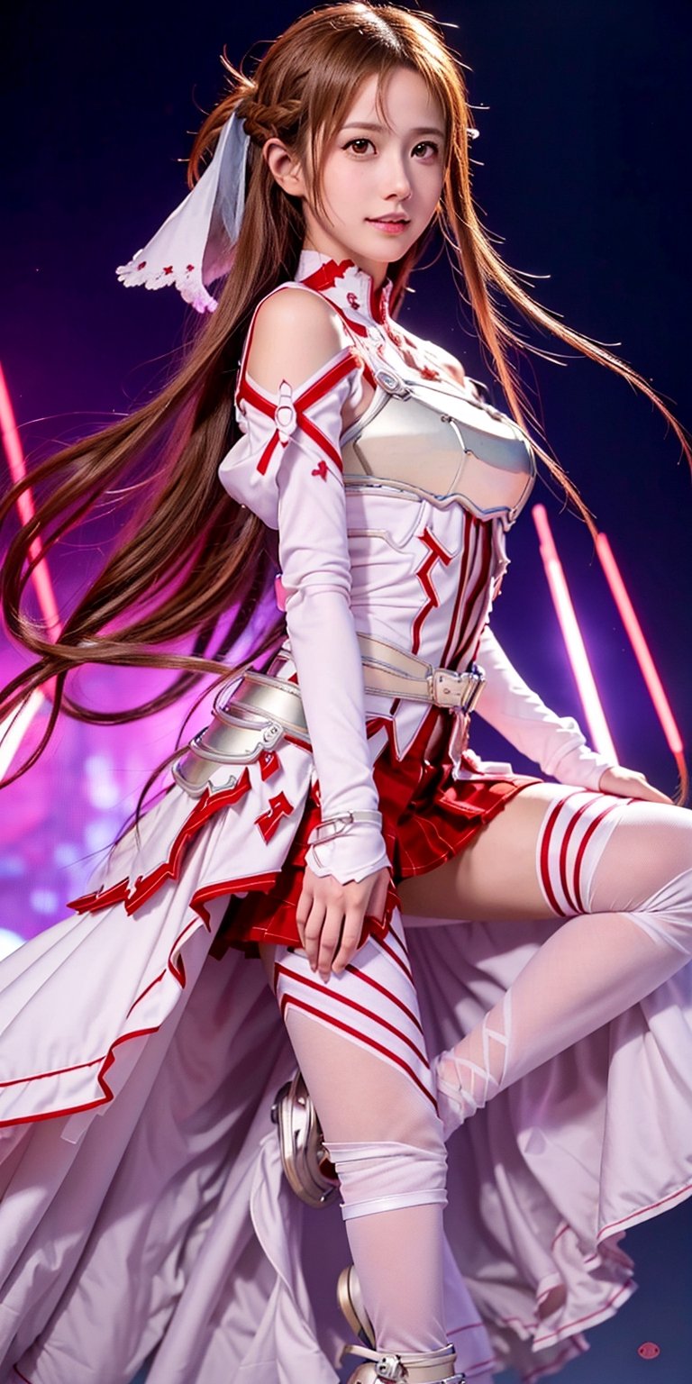 A full body photo of beautiful yuuki asuna wearing white & red colour's guild armor suit with a realistic Asian's skin colour. There are a few small spots or small moles or small warts scattered on the skin of the body. The big chest is very concentrated and firm. She has light makeup on her face, smiles, and has bright eyes. Nice hands, perfect hands, perfect fingers, eyes looking into the camera, random hairstyles and hair accessories, random photo poses, random face shapes, random clothing colours, random background matching, real photo quality, depth of field, clear background, backlight, 32K resolution, leg open and lift high up style at open area battle field, battle pose with stab sword.
