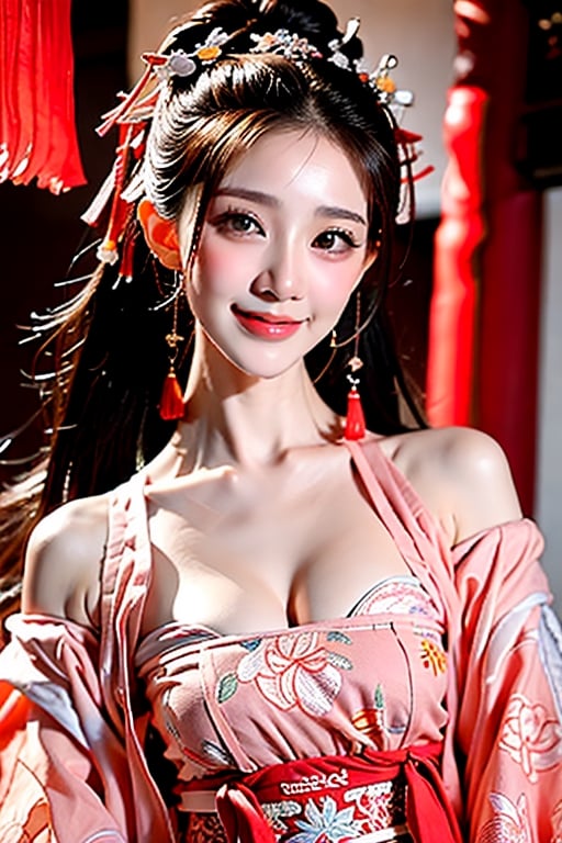 A beautiful Chinese girl with a real Asian yellow skin color. There are a few small spots or small moles or small warts scattered on the skin of the body. The chest is very concentrated and firm. She has light makeup on her face, smiles, and has bright eyes. , eyes looking into the camera, random hairstyles and hair accessories, random photo poses, random face shapes, random clothing colors, random background matching, real photo quality, depth of field, clear background, backlight, 32K resolution