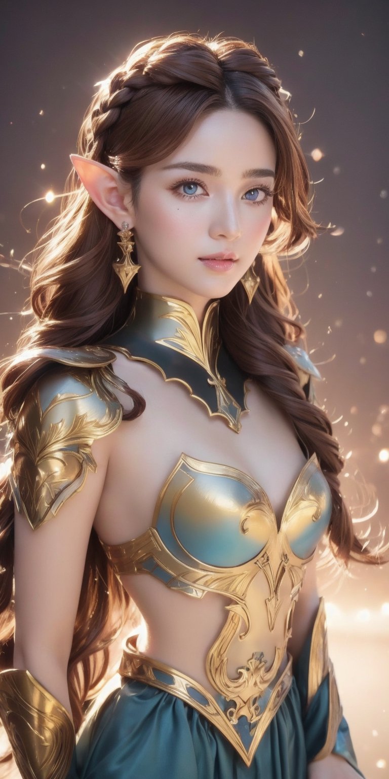 A full body photo of beautiful sexy elf with a realistic Asian skin colour. There are a few small spots or small moles or small warts scattered on the skin of the body. The big breast is very concentrated and firm. She has light makeup on her face, smiles, and has bright eyes. Nice hands, perfect hands, perfect fingers, eyes looking into the camera, random hairstyles and hair accessories, random photo poses, random face shapes, random background field matching with sakura flowing, ultra realitic photo quality, depth of field, clear background, backlight, 32K resolution, BOTTOM VIEW, Dark Elf, ultra light blue eyes, brown mix light gold of hair colour, wearing sexy battle suit, long sharp ear, carry a archer bow on hand