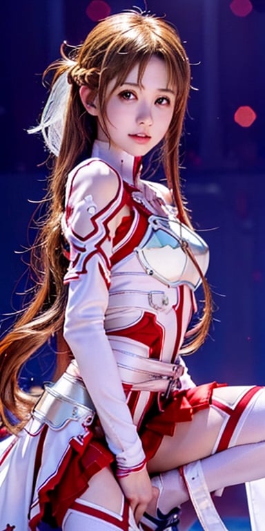 A full body photo of beautiful yuuki asuna wearing white & red colour's guild armor suit with a realistic Asian's skin colour. There are a few small spots or small moles or small warts scattered on the skin of the body. The big chest is very concentrated and firm. She has light makeup on her face, smiles, and has bright eyes. Nice hands, perfect hands, perfect fingers, eyes looking into the camera, random hairstyles and hair accessories, random photo poses, random face shapes, random clothing colours, random background matching, real photo quality, depth of field, clear background, backlight, 32K resolution, leg open and lift high up style at SAO anywhere battle field location, battle pose with sword.