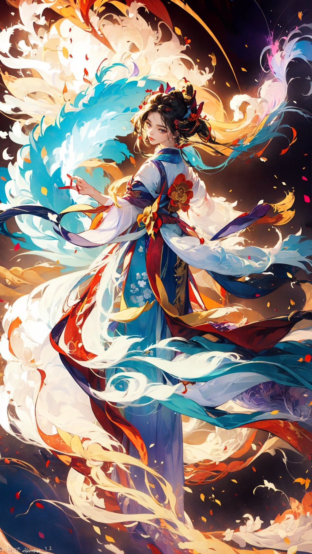 masterpiece, top quality, best quality, official art, beautiful and aesthetic:1.2), (1girl:1.9), purple-blue color long hair, ((multi-colored hanfu fashion)), wind blows, chinese dragon, golden line, (red theme:1.3), ultra-high quality, photorealistic, sky background, dynamic pose, icemagicAI