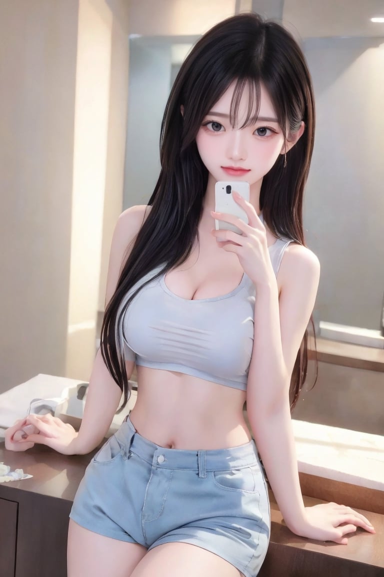 (Masterpiece, Top Quality, Best Quality, Official Art, Beauty & Aesthetics: 1.2), hdr, high contrast, wide angle lens, photorealistic, 1girl, solo, long hair, smile, black hair, holding, jewelry, shorts, sleeveless, midriff, indoors, bracelet, phone, cellphone, smartphone, holding phone, mirror, realistic, selfie,slingshot,Beautiful Indonesian girls 