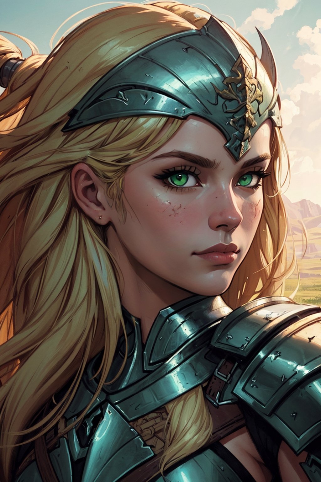 (masterpiece, highest quality, illustration), fantasy, epic, close-up, portrait, solo, woman, warrior, long blonde hair, green eyes, armor, facing the viewer, standing, plains, cinematic lighting