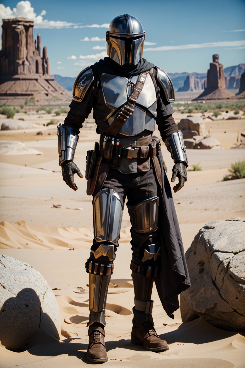 ((ultra detailed, masterpiece, absurdres)), lora:StarWMandalorian:0.9, StarWMandalorian, 1boy, no face, helmet, gloves, armor, rocks, science fiction, planet, desert,StarWMandalorian