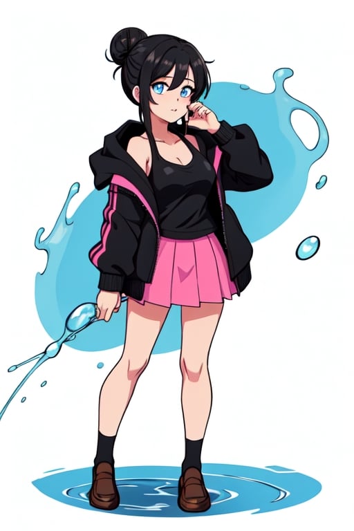 Create Serina Salamin from Epithet Erased, 19 year old with black hair, blue eyes, an open black  jacket, pink tank, blue skirt, one girl, black hoodie, no jewlewy, holding water in her hand
, Epithet erased, hair in a bun, full body, brown loafers

