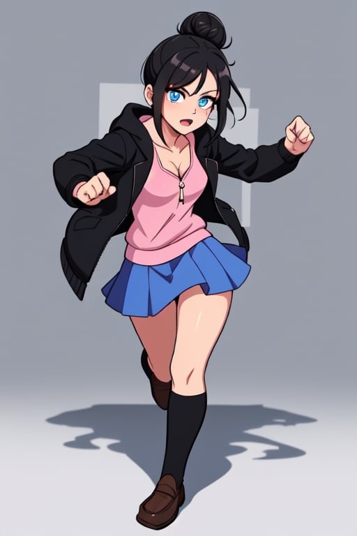 Create Serina Salamin from Epithet Erased, 19 year old with black hair, blue eyes, an open black  jacket, pink tank, blue skirt, one girl, black hoodie, no jewlewy, fighting pose, Epithet erased, hair in a bun, full body, brown loafers
