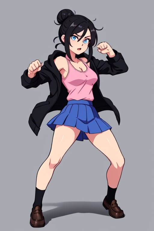 Create Serina Salamin from Epithet Erased, 19 year old with black hair, blue eyes, an open black  jacket, pink tank, blue skirt, one girl, black hoodie, no jewlewy, fighting pose, Epithet erased, hair in a bun, full body, brown loafers
