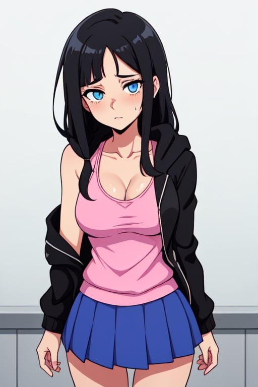 Create Serina Salamin from Epithet Erased, with black hair, blue eyes, an open black  jacket, pink tank, blue skirt, one girl, black hoodie, no jewlery. huging giovanni potage from Epithet erased.

