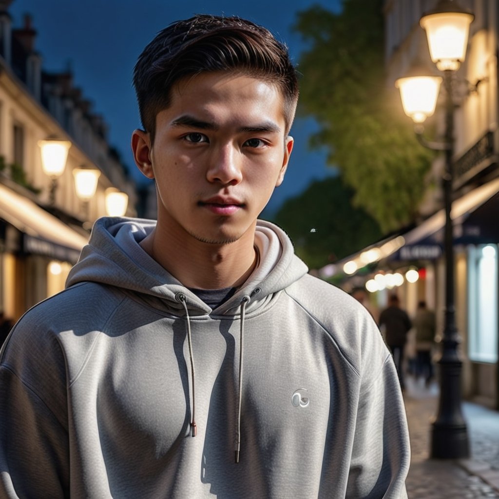 1man, a handsome man from Indonesia, 21 years old, soft lighting, masterpiece, best quality, 8k uhd, dslr, film grain, google pixel 3 photorealistic, high realistic, real lighting, cinematic night, full body shot, long shot, modern luxury hoodies, hight texture, daylight lighting, nature, slicked back hairstyle, sharp oval face, perfect hair, perfect face, clean skin, at Montmarte, France