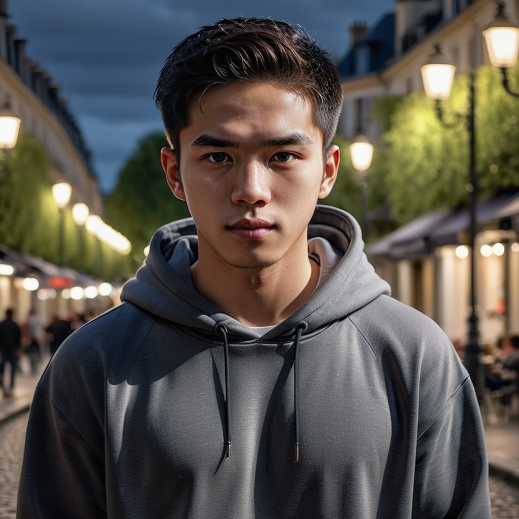 1man, a handsome man from Indonesia, 21 years old, soft lighting, masterpiece, best quality, 8k uhd, dslr, film grain, google pixel 3 photorealistic, high realistic, real lighting, cinematic night, full body shot, long shot, modern luxury hoodies, hight texture, daylight lighting, nature, slicked back hairstyle, sharp oval face, perfect hair, perfect face, clean skin, at Montmarte, France