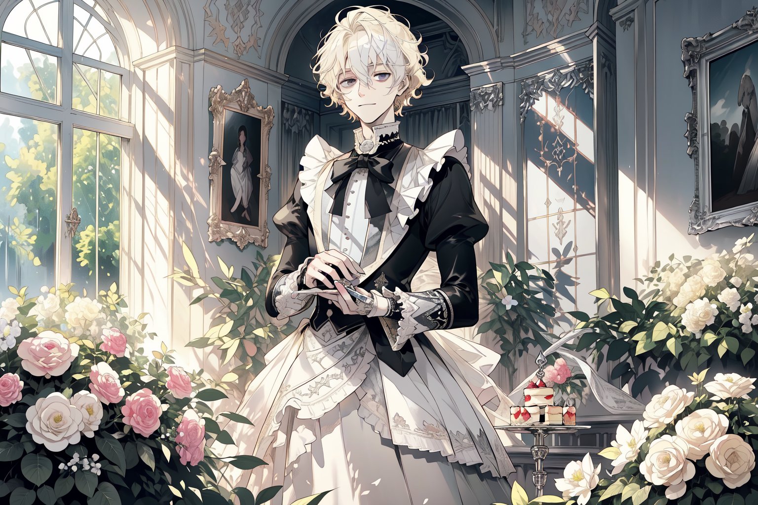 Official Art, Unity 8K Wallpaper, Extreme Detailed, Beautiful and Aesthetic, Masterpiece, Top Quality, perfect anatomy, MALE, (male:1.5), gentle expression, gentle smile 

light blonde haired male (light_blonde_hair:1.5), (short_curly_platinum_blonde_hair:1.5) long bangs with gray eyes (gray_eyes:1.5), black clothing, dark, elegant, victorian clothing, puffy sleeves, lace, ruffles, ribbon, tea party, garden party, garden, desserts, pastries, dessert tower, (dessert_tower:1.5), tea cups, silverware, silver dagger, (silver_dagger:1.5), cakes, flowers, colorful flowers, (colorful_flowers:1.3)

concept art, (best illustration), vivid colours, contrast, smooth, sharp focus, scenery, outside, sun_shining, sun, blue sky, greenhouse, lush garden, overgrown, outside in a garden, tea party, trees

masterpiece, midjourney, best quality, high detail eyes,More Detail,portrait,1guy,pastelbg,Add more details,Rococo style