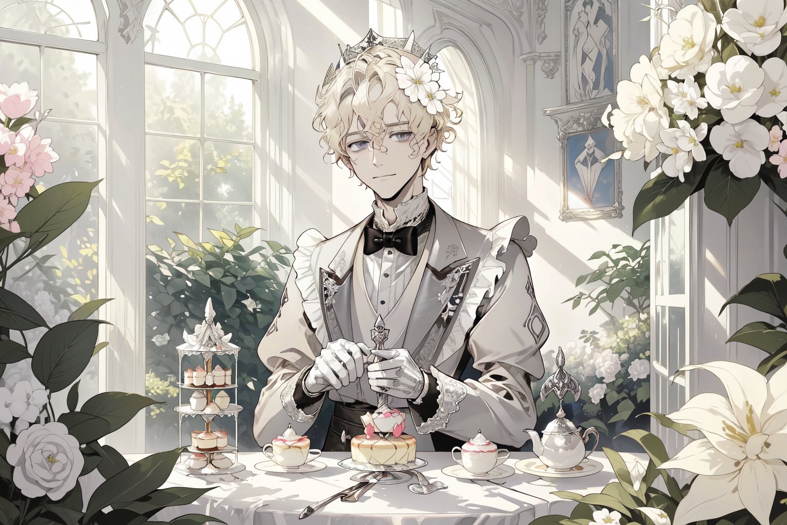 Official Art, Unity 8K Wallpaper, Extreme Detailed, Beautiful and Aesthetic, Masterpiece, Top Quality, perfect anatomy, MALE, (male:1.5), gentle expression, gentle smile 

light blonde haired male (light_blonde_hair:1.5), (short_curly_platinum_blonde_hair:1.5) long bangs with gray eyes (gray_eyes:1.5), black clothing, dark, elegant, victorian clothing, puffy sleeves, lace, ruffles, ribbon, tea party, garden party, garden, desserts, pastries, dessert tower, (dessert_tower:1.5), tea cups, silverware, silver dagger, (silver_dagger:1.5), cakes, flowers, colorful flowers, (colorful_flowers:1.3)

concept art, (best illustration), vivid colours, contrast, smooth, sharp focus, scenery, outside, sun_shining, sun, blue sky, greenhouse, lush garden, overgrown, outside in a garden, tea party, trees

masterpiece, midjourney, best quality, high detail eyes,More Detail,portrait,1guy,