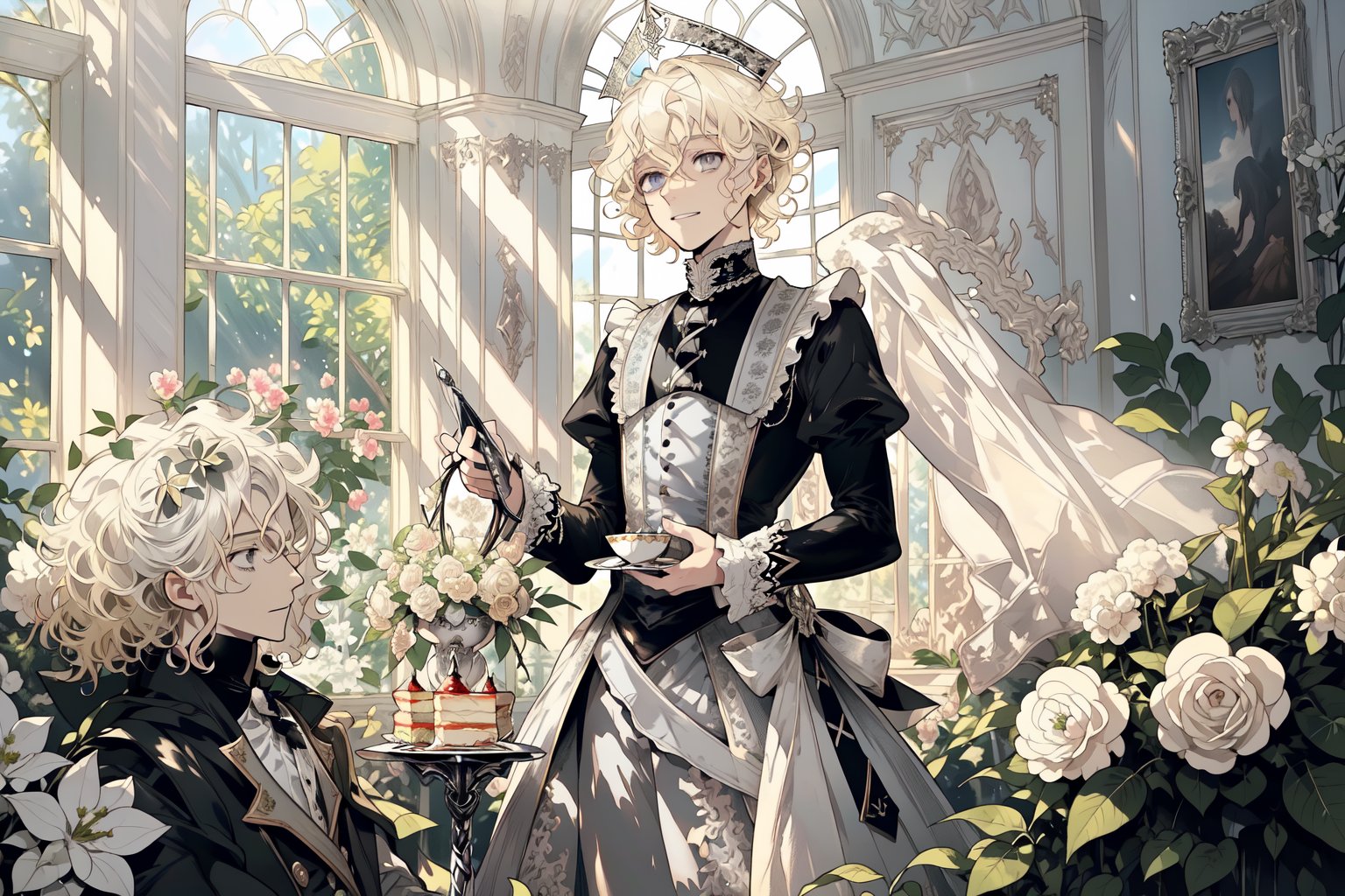 Official Art, Unity 8K Wallpaper, Extreme Detailed, Beautiful and Aesthetic, Masterpiece, Top Quality, perfect anatomy, MALE, (male:1.5), gentle expression, gentle smile 

light blonde haired male (light_blonde_hair:1.5), (short_curly_platinum_blonde_hair:1.5) long bangs with gray eyes (gray_eyes:1.5), black clothing, dark, elegant, victorian clothing, puffy sleeves, lace, ruffles, ribbon, tea party, garden party, garden, desserts, pastries, dessert tower, (dessert_tower:1.5), tea cups, silverware, silver dagger, (silver_dagger:1.5), cakes, flowers, colorful flowers, (colorful_flowers:1.3)

concept art, (best illustration), vivid colours, contrast, smooth, sharp focus, scenery, outside, sun_shining, sun, blue sky, greenhouse, lush garden, overgrown, outside in a garden, tea party, trees

masterpiece, midjourney, best quality, high detail eyes,More Detail,portrait,1guy,pastelbg,Add more details,Rococo style