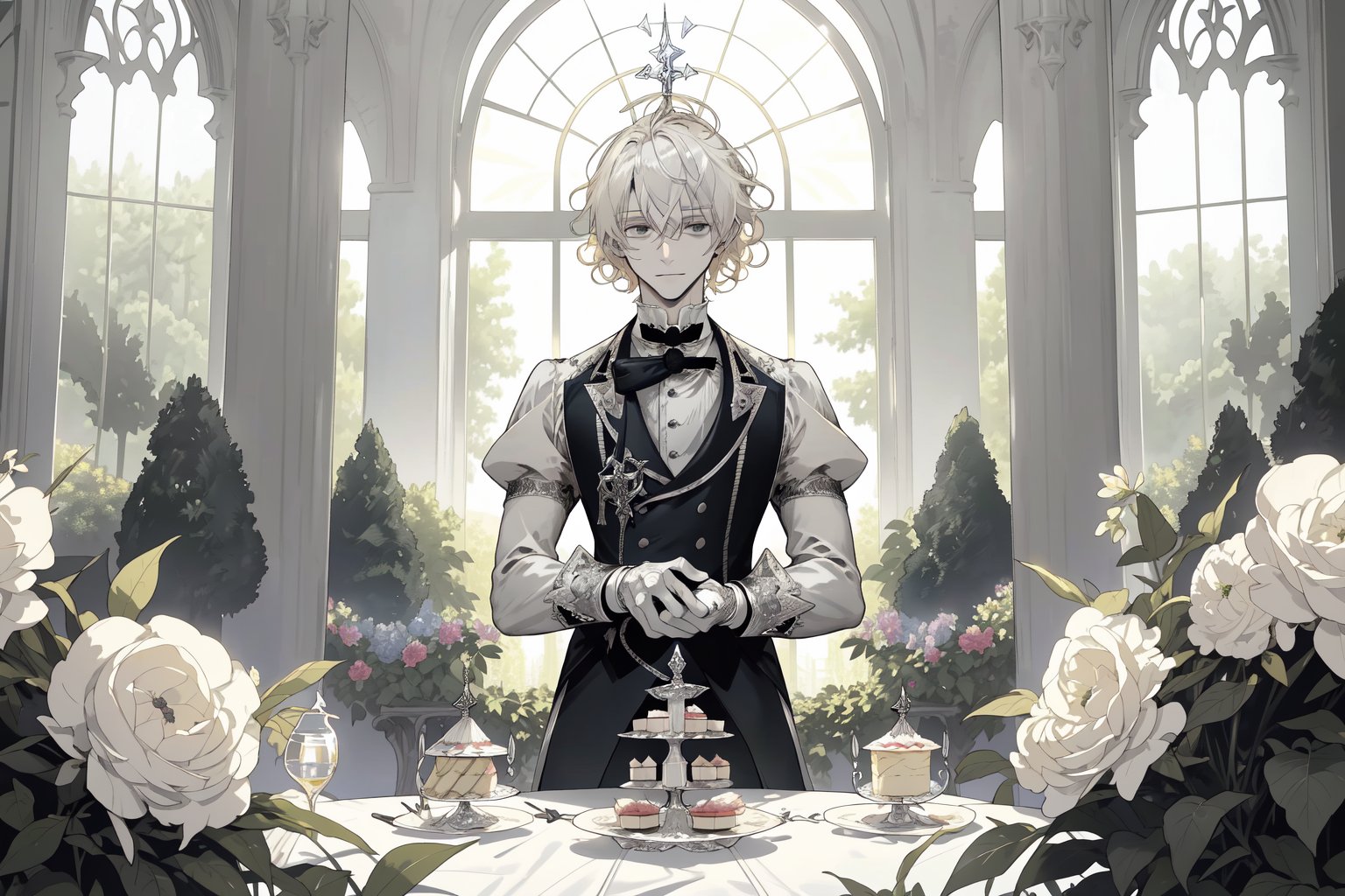 Official Art, Unity 8K Wallpaper, Extreme Detailed, Beautiful and Aesthetic, Masterpiece, Top Quality, perfect anatomy, MALE, (male:1.5), gentle expression, gentle smile 

light blonde haired male (light_blonde_hair:1.5), (short_curly_platinum_blonde_hair:1.5) long bangs with gray eyes (gray_eyes:1.5), black clothing, dark, elegant, victorian clothing, puffy sleeves, lace, ruffles, ribbon, tea party, garden party, garden, desserts, pastries, dessert tower, (dessert_tower:1.5), tea cups, silverware, silver dagger, (silver_dagger:1.5), cakes, flowers, colorful flowers, (colorful_flowers:1.3)

concept art, (best illustration), vivid colours, contrast, smooth, sharp focus, scenery, outside, sun_shining, sun, blue sky, greenhouse, lush garden, overgrown, outside in a garden, tea party, trees

masterpiece, midjourney, best quality, high detail eyes,More Detail,portrait,1guy,