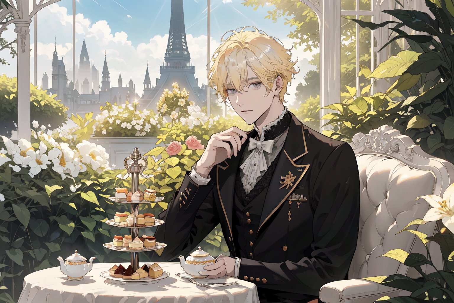 Official Art, Unity 8K Wallpaper, Extreme Detailed, Beautiful and Aesthetic, Masterpiece, Top Quality, perfect anatomy, MALE, (male:1.5) 

light blonde haired male (light_blonde_hair:1.5), (short_curly_platinum_blonde_hair:1.5) long bangs with gray eyes (gray_eyes:1.5), black clothing, dark, elegant, victorian clothing, lace, ruffles, ribbon, tea party, garden party, garden, overgrown, desserts, pastries, dessert tower, (dessert_tower:1.5), tea cups, teapot, cakes, flowers, colorful flowers, sun_shining, sun, blue sky, outside

concept art, (best illustration), vivid colours, contrast, smooth, sharp focus, scenery, greenhouse, outside in a garden, sitting in garden, sipping tea, trees

masterpiece, midjourney, best quality, high detail eyes,More Detail,portrait,1guy,