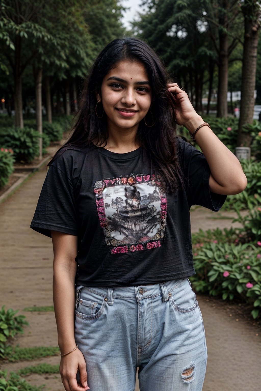 beautiful cute young attractive indian teenage girl, village girl, 17 years old, cute, hot, sexy, face smiles, school girl,Instagram model, long black_hair, colorful hair, warm, romantic, t-shirt denim jeans ,indian, ,AanyaaSanay,drop earrings, at college garden